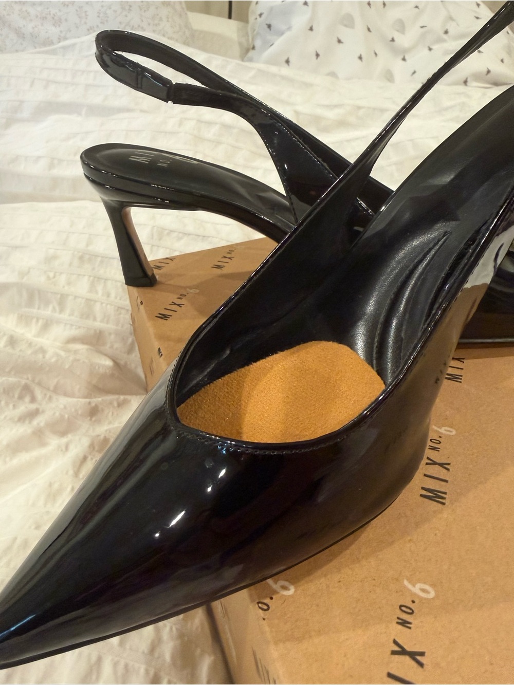 Mix No. 6 Black Patent Slingback Pointed-Toe Heels
